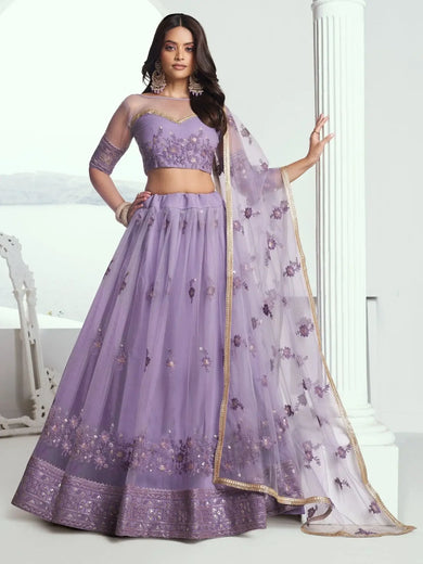 Awesome Lavender Color Embroidered Net Engagement Wear Lehenga Choli - Ethnic Plus In